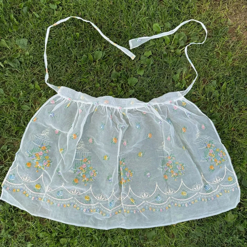 Vintage Half Apron White Sheer Floral Birdcage Scalloped Organza Retro 50s